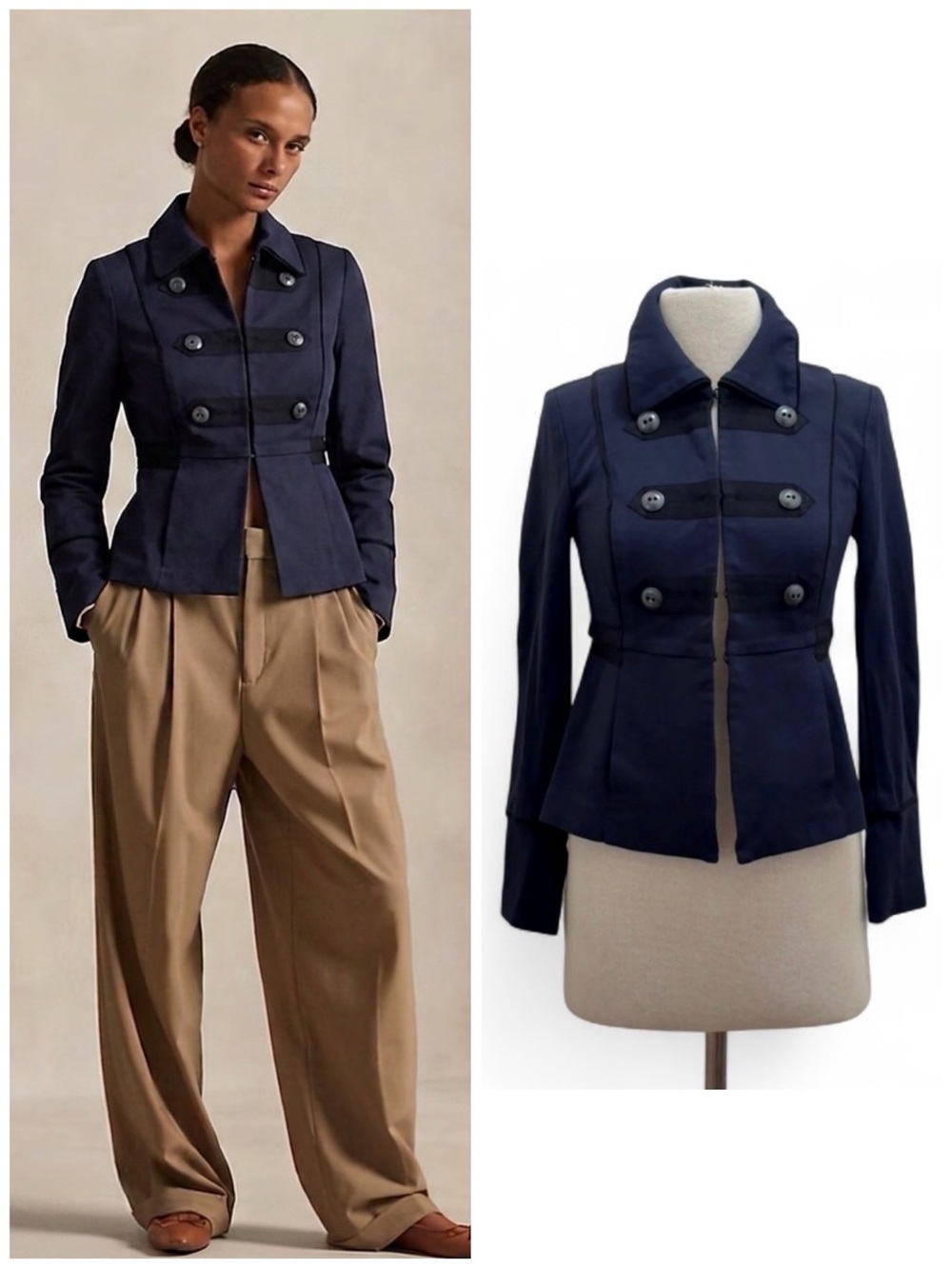 CAbi Navy Blue Ponte Military Jacket Sz Small Dark Academia Preppy Retro Capsule